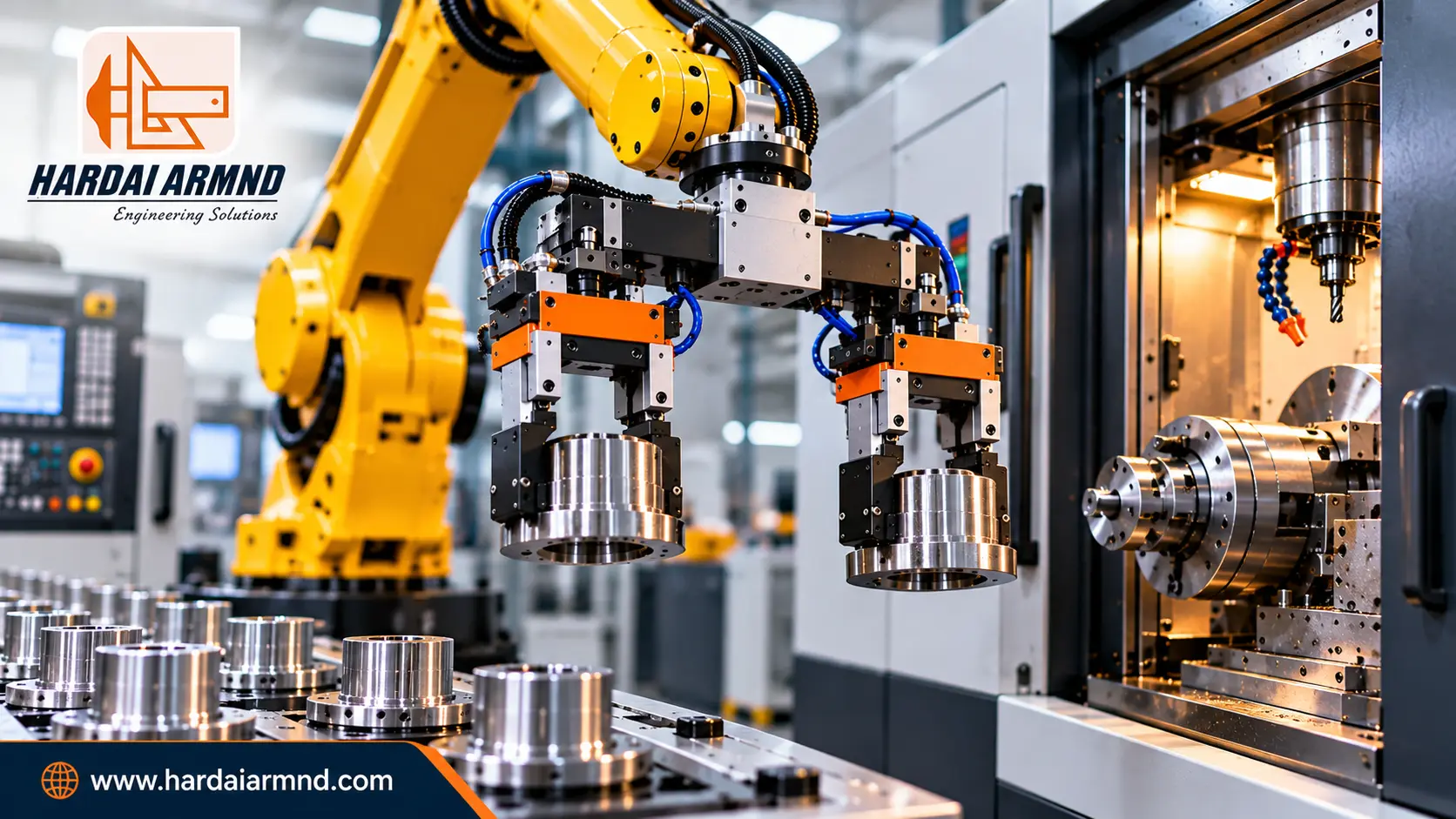 CNC Robotic Automation Engineering Banner Dual-Gripper EOAT: Cut CNC Machine Tending Time by 50%