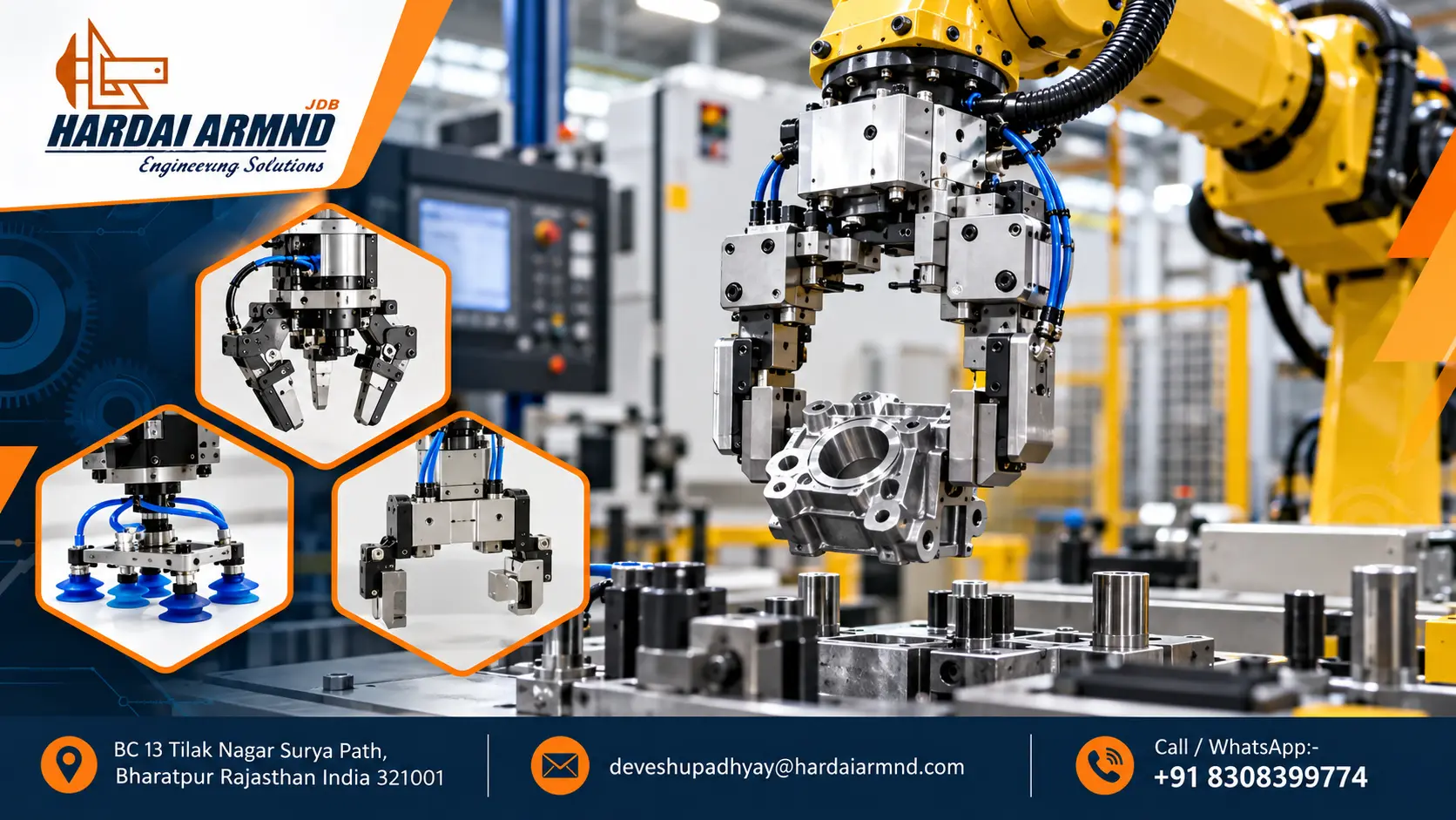 Industrial Robotic Gripper Solutions Custom automation robotic gripper handling a metal component on an industrial production line.
